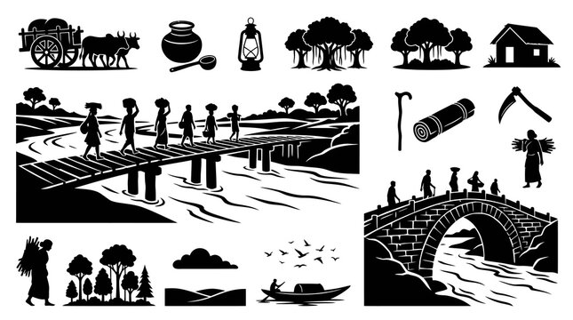 Rural Indian Village Life Vector Icons: Bridge, Bullock Cart, People, Nature