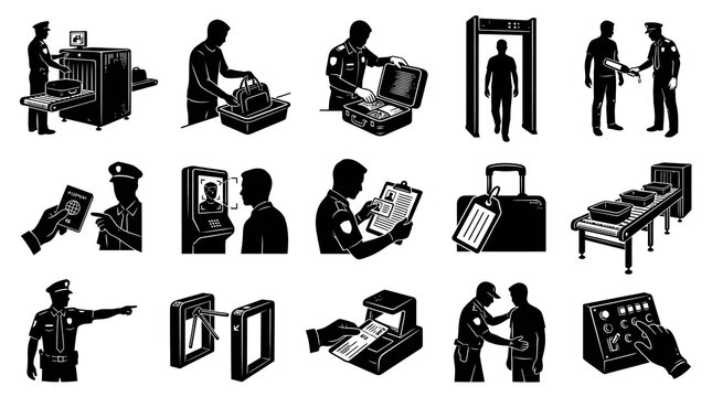 Airport Security Icons: BW Line Art, Security Check, Travel, Safety