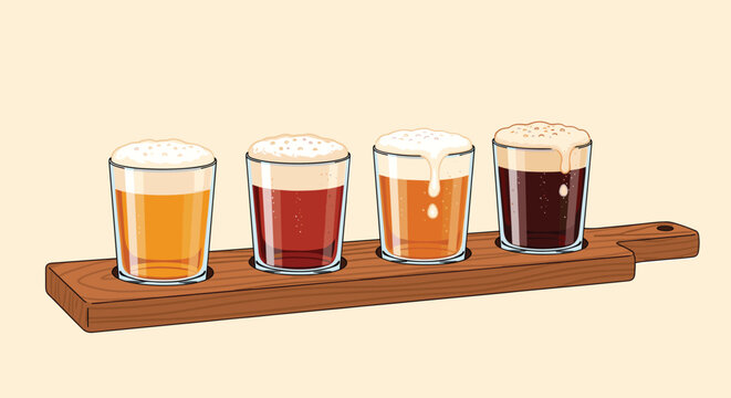 Set of four diverse beer samples including lager ale and stout presented in glasses on a wooden tasting flight board for evaluation.
