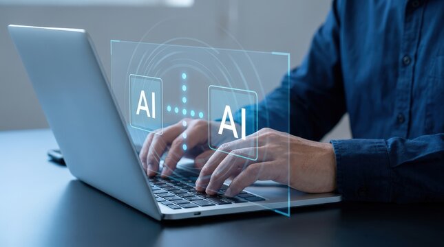 Software Engineer using AI on laptop in office environment. Typing on keyboard with AI interface overlays, and digital innovation concept.