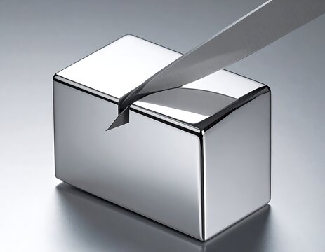 A shiny metal box being cut by a sharp knife