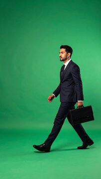 A man in a suit walks with a briefcase