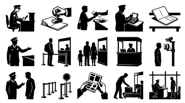 Border Control Icons: Passport Stamp, Security Check, Customs Officer