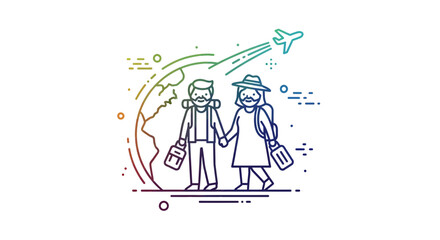 Obraz premium Couple traveling around the world with backpacks and suitcases, airplane flying