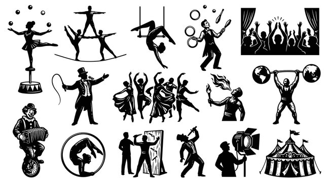 Vintage Circus Show Entertainment Performers Silhouettes Vector Illustration Set