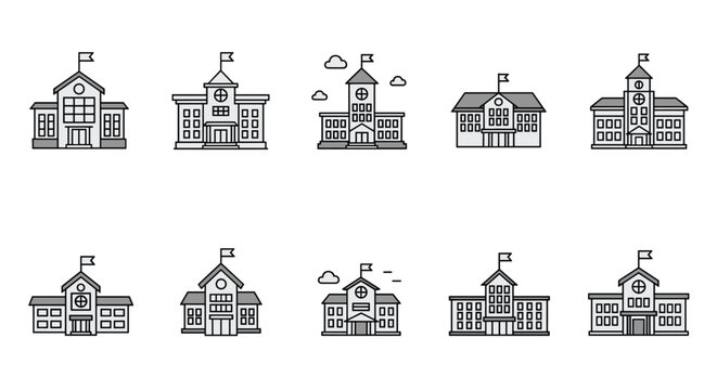 Collection of simple black and white icons representing various school or university building architectures with flags.