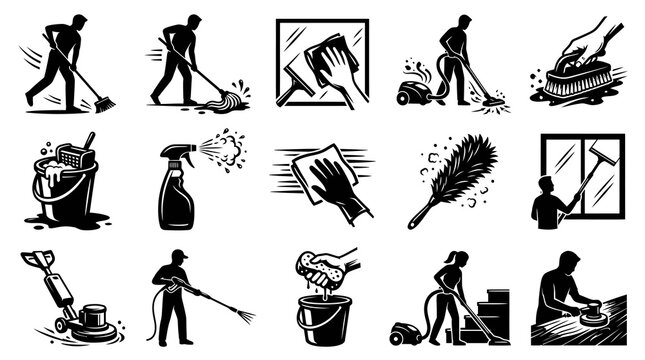 Cleaning Service Icons Set. Black and White Glyph Vector Silhouettes of People and Tools