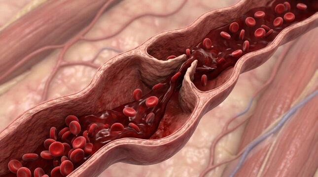 Human blood vessel. Anatomical section of the artery showing narrowing of the lumen and impaired blood flow.