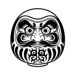 Fototapeta premium A black and white illustration of a traditional Japanese Daruma doll with a fierce expression and intricate facial details.