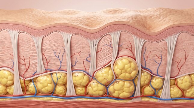 Skin of a person with cellulite. Skin illustration showing connective tissues, fat lobules and capillary network.