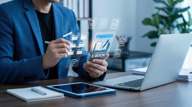 Content Manager using digital content management on holographic interface. Interacting with e-book, document, and folder icons, and Knowledge Management concept.