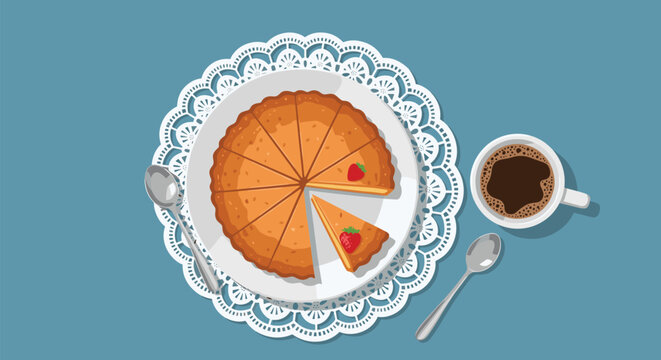 Top down view of a delicious strawberry tart on a white lace doily with two spoons and a cup of black coffee on a blue surface.