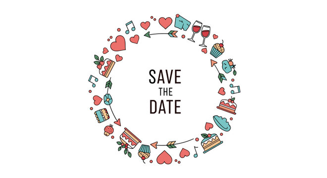 Romantic circular wreath made of hand drawn icons like hearts cakes flowers and wine glasses surrounding the text save the date.