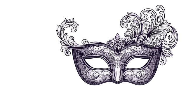 Detailed illustration of an ornate silver masquerade mask with intricate scrolling patterns and a central gem on a white base.