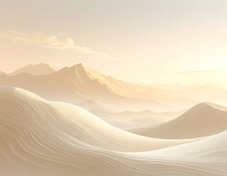 A serene desert landscape with rolling sand dunes and distant mountains