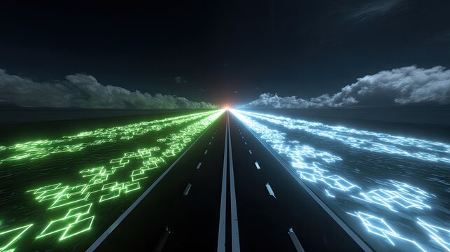 Highway of light and data streams converge at horizon