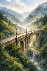 Obraz premium Majestic waterfall flowing down from high cliffs in a deep green forest during spring season