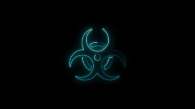Animated glowing biohazard symbol in neon blue on black background. dynamic hazard warning sign