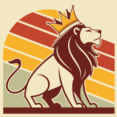 Lion king wearing crown in retro sunset vector design. © Sirajum