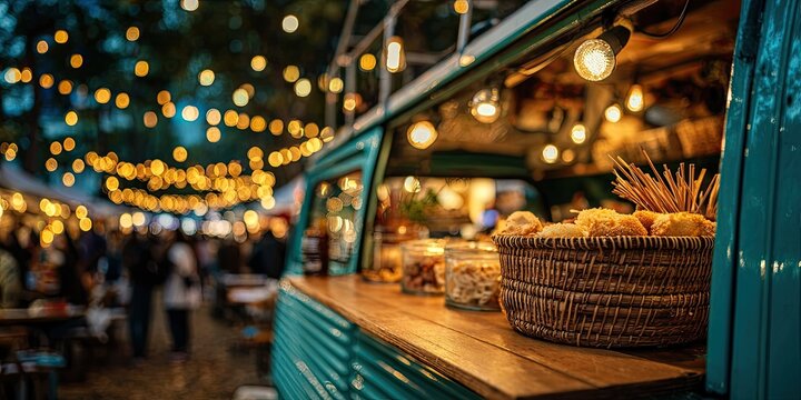 Food truck at night with glowing lights and basket of goods