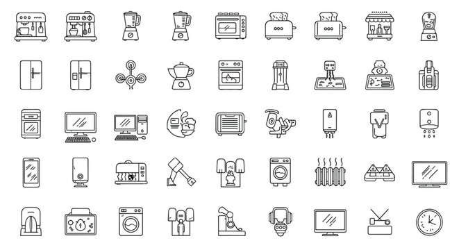 Grid of linear icons for various kitchen and household appliances including coffee makers, toasters, refrigerators, and washing machines.