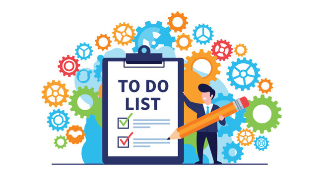 Professional businessman holding a giant pencil while standing next to a clipboard showing a to-do list with checkboxes and colorful gears.