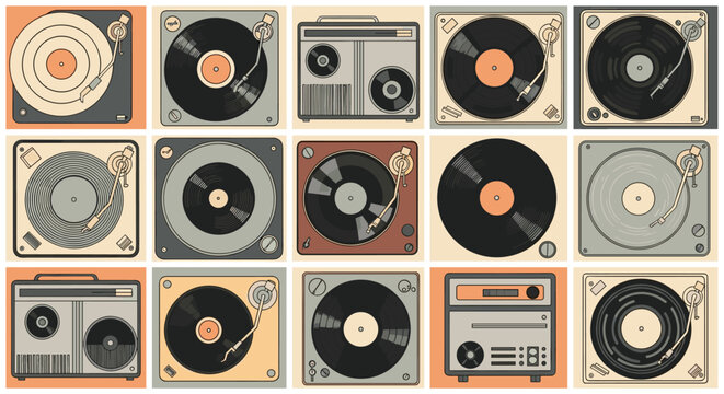 Retro vinyl record player and turntable collection in a vintage grid layout with classic musical equipment art.