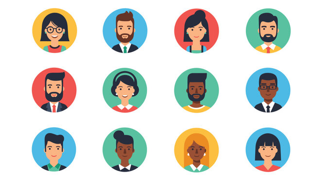 Diverse human avatar collection showing various ethnicities and styles in colorful circular flat design icons.