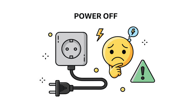 Power off concept illustration featuring an electrical outlet, disconnected plug, and a thoughtful emoji icon.