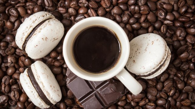 Coffee Cup with Macarons and Chocolate.