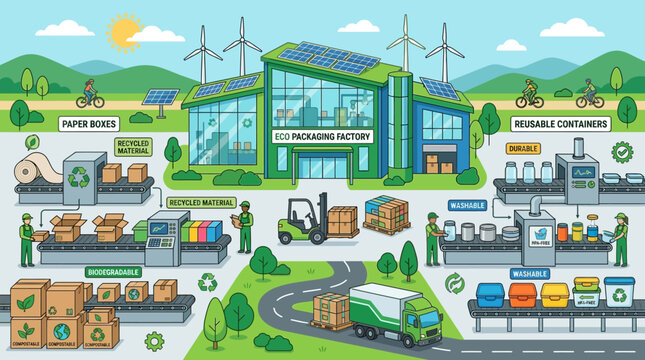 Modern eco packaging factory processes sustainable materials into biodegradable boxes and reusable containers for green industry