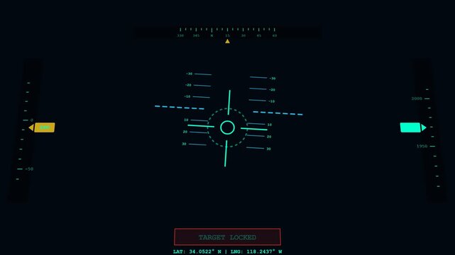 HUD UI Interface with Target Locked Text and Moving Flight Reticle for Sci-Fi Gaming and Military Flight Simulator Visuals