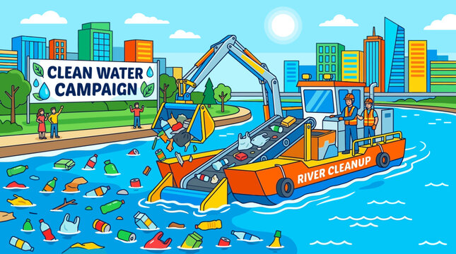 Heavy machinery boat removes floating plastic waste and trash from the polluted river water surface area