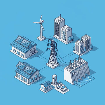 Isometric illustration of sustainable city infrastructure.