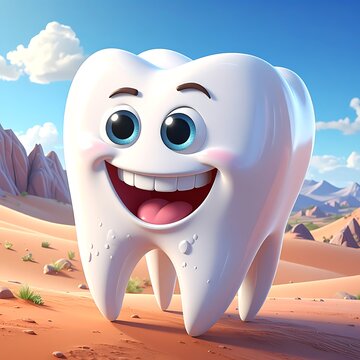 A cheerful cartoon tooth with a big smile in a desert landscape