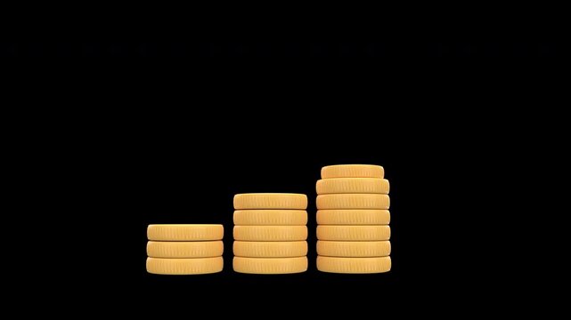 3d animation financial growth with stacked coins symbolizing increasing wealth and a green upward arrow denoting progress and success with alpha channel