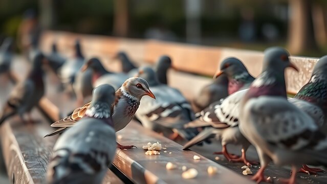 atrocity. A common sparrow among pigeons pecking crumbs on a city park bench in morning light. wildlife magazines, conservation campaigns, designed for nature documentaries and education.