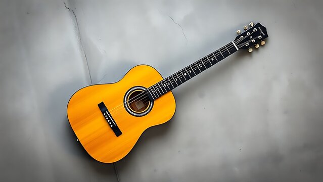 pickguard. Classic acoustic guitar on a grey cement surface, flat lay composition. tutorial guides, club newsletters, designed for tourism and weekend activity guides, inspires participation.