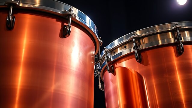 kettledrums. A pair of polished copper kettledrums with taut drumheads gleaming under focused stage lighting. product launch decks.