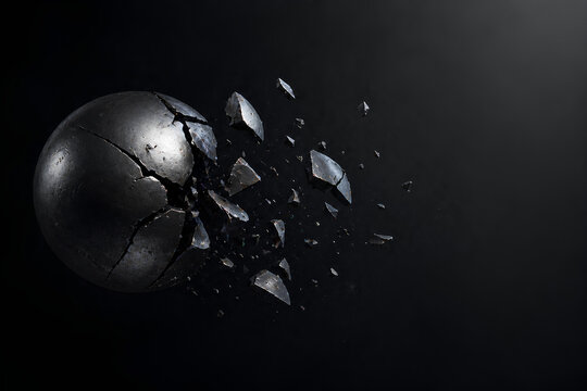Dark matte sphere exploding into fragments, creating a dramatic and powerful abstract visual.