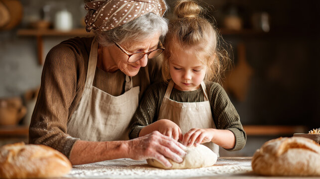 Grandmother child kitchen apron bread dough flour baking family love Grandmother guides little girl kneading dough rustic kitchen table, warm light and gentle focus capture tender multigeneration