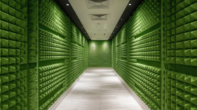 A bright green, soundproofed hallway with textured walls and ceiling lights