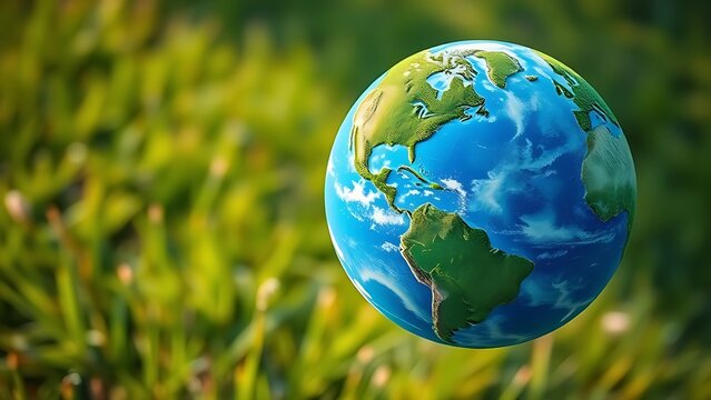 continent. A floating globe with lush green continents against a grassy meadow, symbolizing environmental harmony. ESG reports.