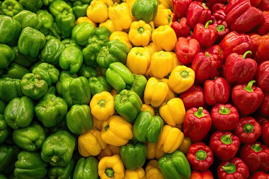 Vibrant bell peppers in green, yellow, and red arranged in rows
