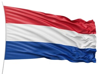 Obraz premium The national flag of the netherlands, a horizontal tricolor of red, white, and blue, waving in the wind, isolated on white background