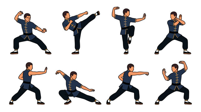 Professional martial artist demonstrates various traditional kung fu fighting stances and defensive movements in a collection of dynamic character poses