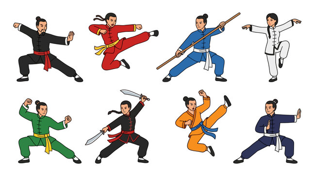 Set of diverse martial arts practitioners performing dynamic kung fu poses with traditional weapons and colorful uniforms on white surface