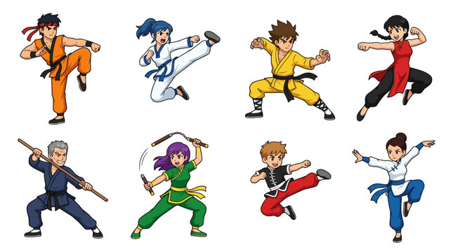 Set of diverse martial arts characters performing dynamic combat moves including kicks and weapons in a colorful anime illustration style