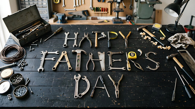 handmade fathers day message with tools and metal letters on workshop table