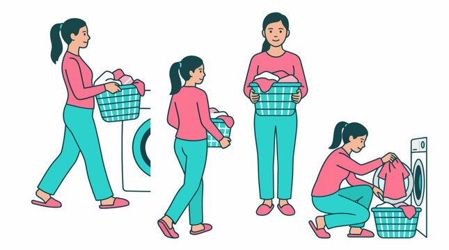 A woman performing various steps of doing laundry, including carrying a basket of clothes and loading a washing machine.